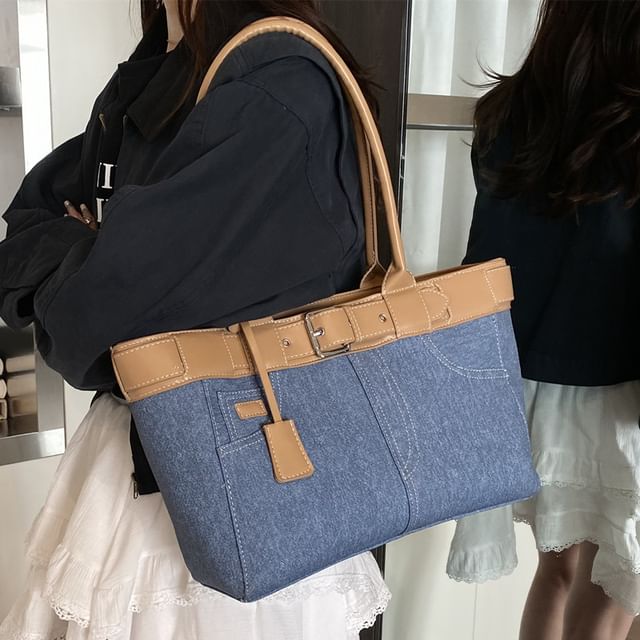 Skyglow-Belted Panel Denim Tote Bag