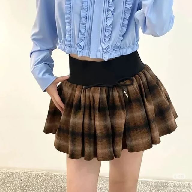 Asiris-High Waist Plaid Mini A-Line Skirt