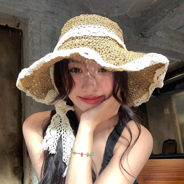 Pompabee-Lace Panel Straw Sun Hat