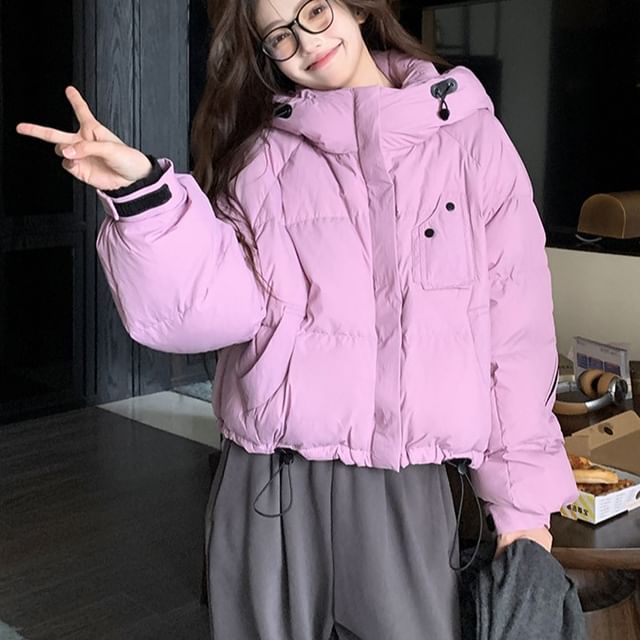Tzarkozy-Hooded Zip-Up Plain Crop Puffer Jacket