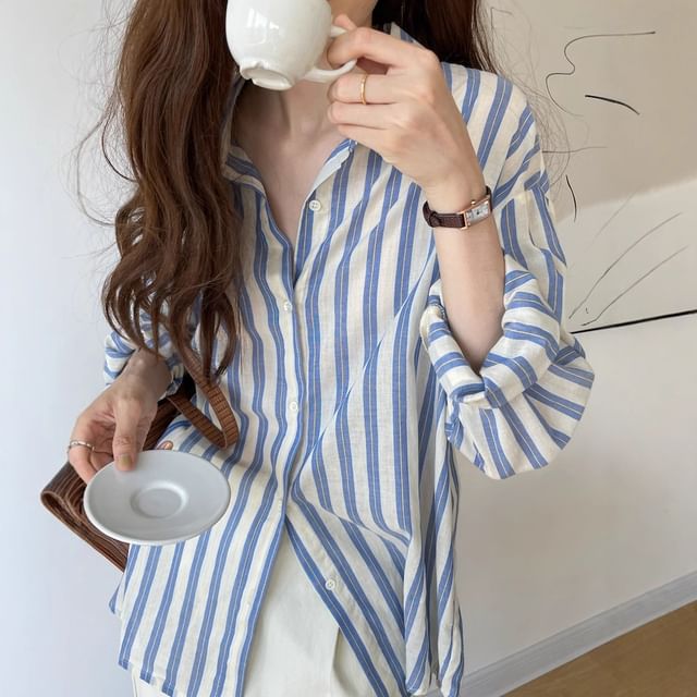 ISSOL-Long Sleeve Collared Striped Shirt