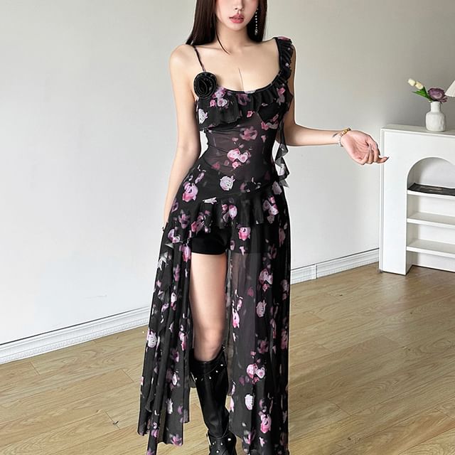 Sosana - Sleeveless Asymmetric-Shoulder 3D Flower Floral Print Mesh  See-Through Slit Midi Dress | YesStyle