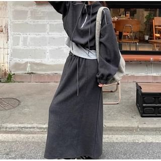 Trendycas-Puff-Sleeve Half-Zip Plain Oversized Pullover Mid Rise Maxi A-Line Skirt
