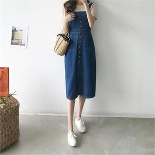 button up denim pinafore dress