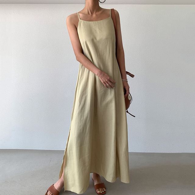 Coris-Spaghetti Strap Plain Slit Maxi A-Line Dress