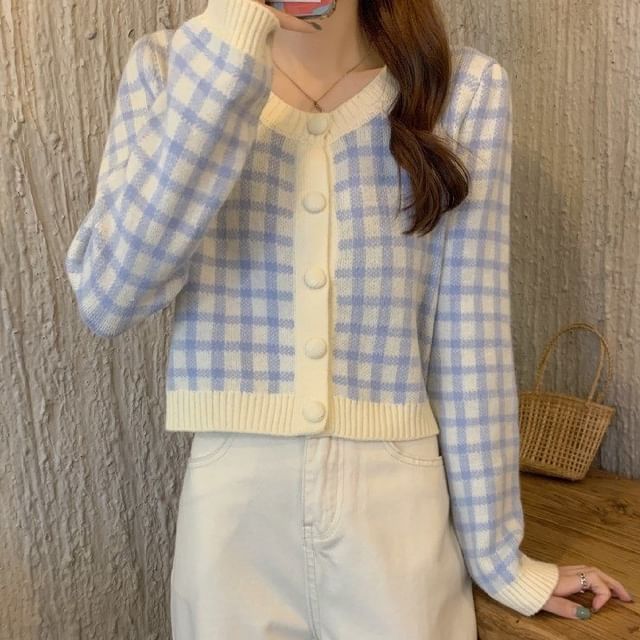 Sisyphi-Round Neck Plaid Cardigan