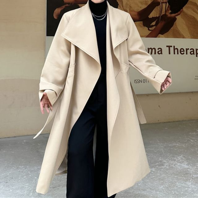 Adothuiastic-Lapel Collar Plain Long Trench Coat