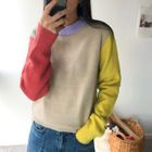Yellow Round Neck Color Block Sweater main image 0