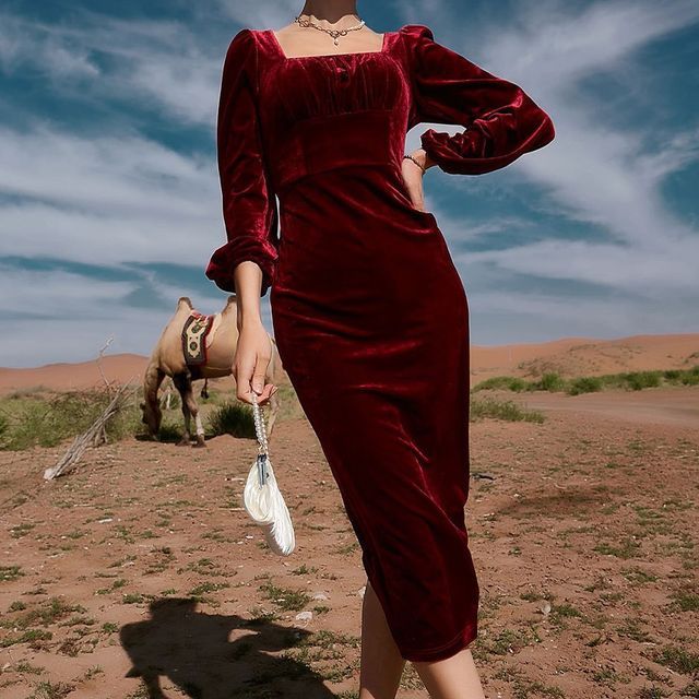 knee length dresses for ladies Burgundy Velvet Long Sleeve High-Low Midi Dress – Modsele main image 1