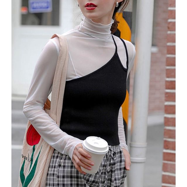 Essere-Long-Sleeve Turtleneck Plain Asymmetrical Lettuce Edge Mesh T-Shirt