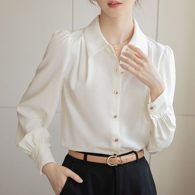 Dragan Pulse-Long Sleeve Collared Plain Ruched Shirt