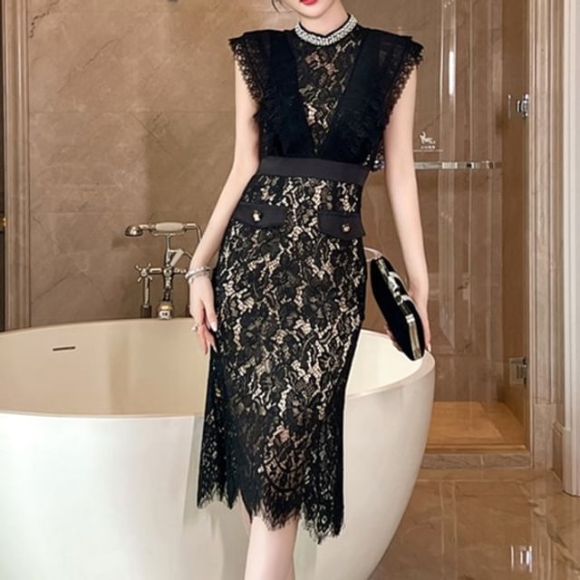 ZYHT - Sleeveless Stand Collar Rhinestone Ruffle Lace Overlay Midi Sheath  Dress | YesStyle