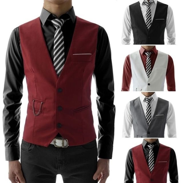 Fireon-V-Neck Plain Chained Single-Breasted Vest