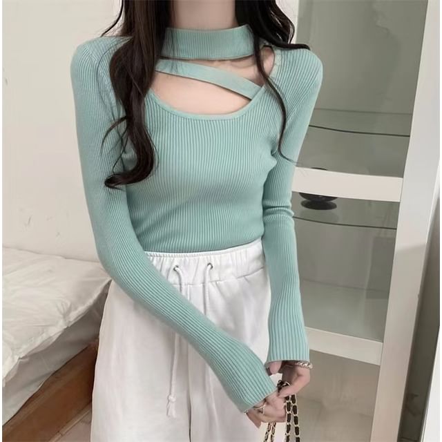Sisyphi-Long-Sleeve Plain Asymmetrical Cutout Ribbed Knit Top