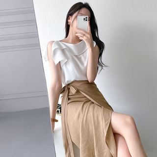 MIKIGA - Sleeveless Ruffled Blouse / Asymmetrical Mini A-Line Skirt