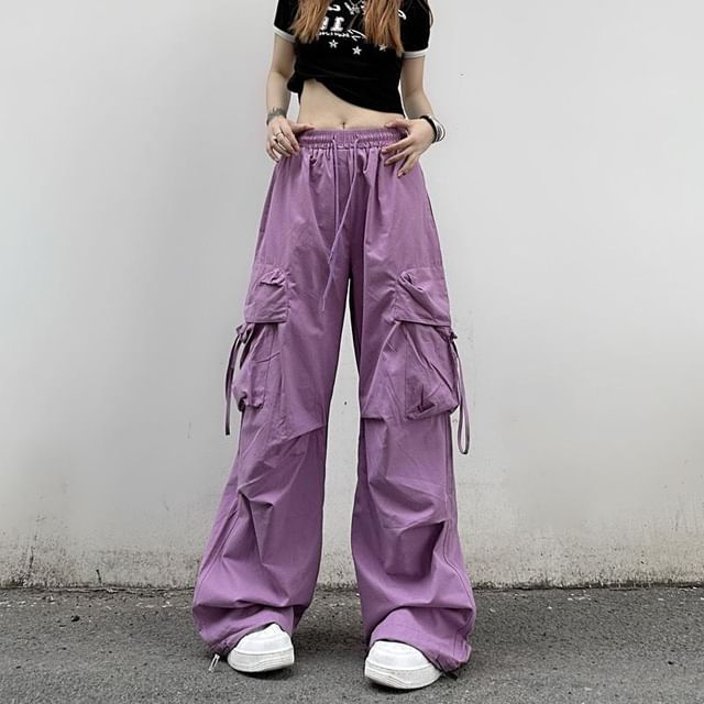 ELFINDEA Lounge Pants Women Loose Cargo Pants Hip Hop Sports Pants  Drawstring Loose Wide Leg Casual Pants Purple L 