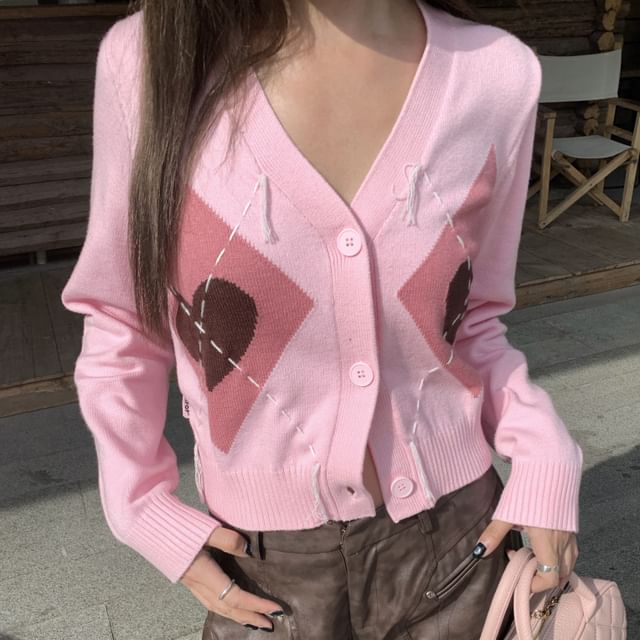 Dute Heart Print Argyle Cardigan YesStyle