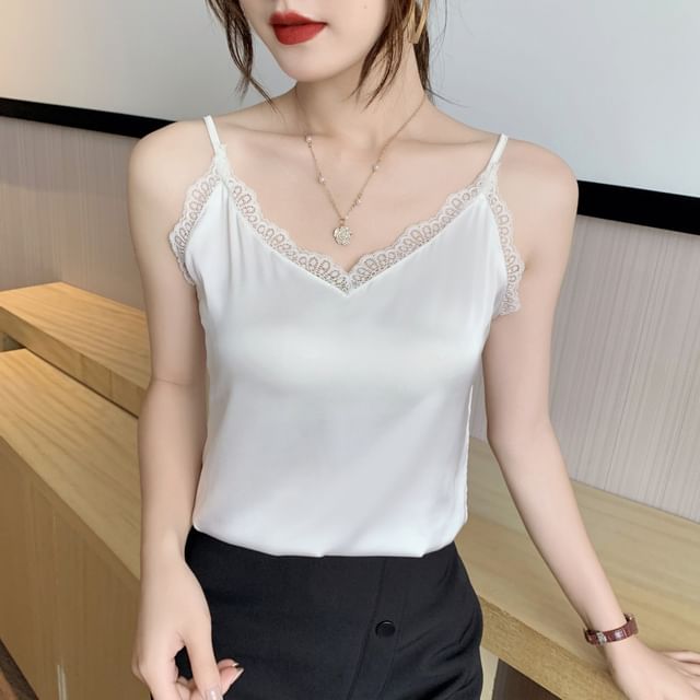 INEN-V-Neck Plain Lace Trim Satin Cami Top