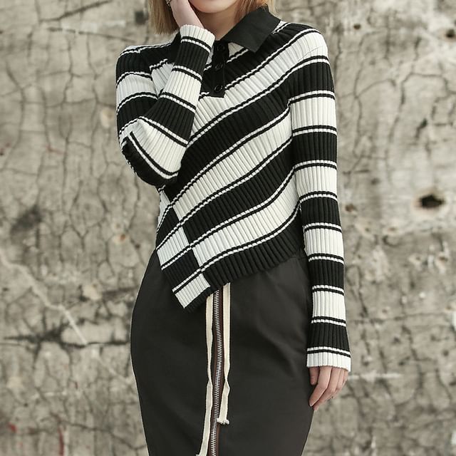 SIMPLE BLACK-Long-Sleeve Striped Asymmetrical Knit Top