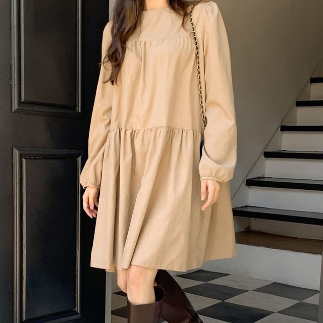 Blurozein - Puff-Sleeve Crew Neck Plain Smock Dress | YesStyle Blurozein - Puff-Sleeve Crew Neck Plain Smock Dress | YesStyle