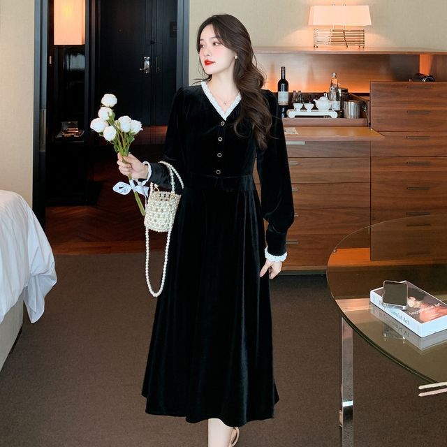 knee length dresses for ladies Marley Formal Velvet Lace Sleeve Long Dress main image 1