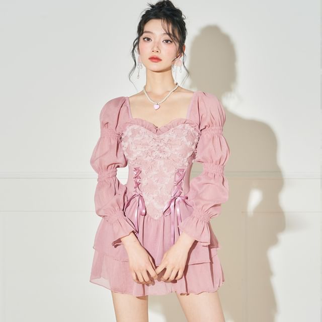 rongira Long-Sleeve Sweetheart Neckline Tiered Swim Dress YesStyle