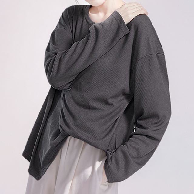 Cossita-Long Sleeve V-Neck Plain Asymmetrical Tee