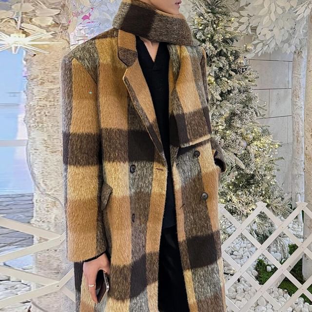 DragonRoad-Lapel Collar Plain Midi Double-Breasted Coat