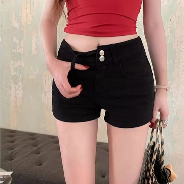 Wildfoea-High Waist Plain Denim Hot Pants
