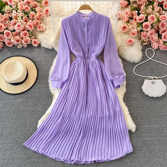Yearnin Long Sleeve Pleated Chiffon Dress YesStyle