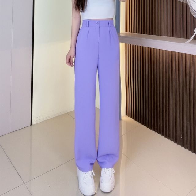 Woohan-High Waist Plain Loose Fit Slacks Various Designs