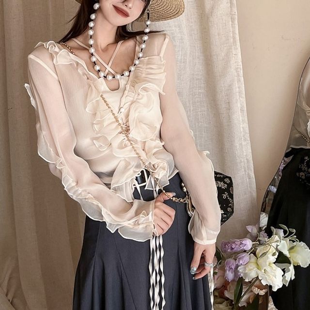 SUGARUS - Sleeveless Plain Camisole Top / Plain Ruffle Trim Sheer Cardigan  | YesStyle