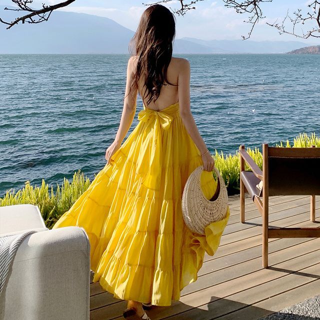 knee length dresses for ladies Amelita Suiting Halter Midi Dress / Pale Lemon | Meshki