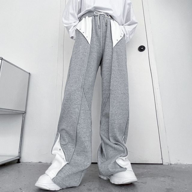 ravewider-Drawstring Waist Two Tone Studded Wide Leg Pants