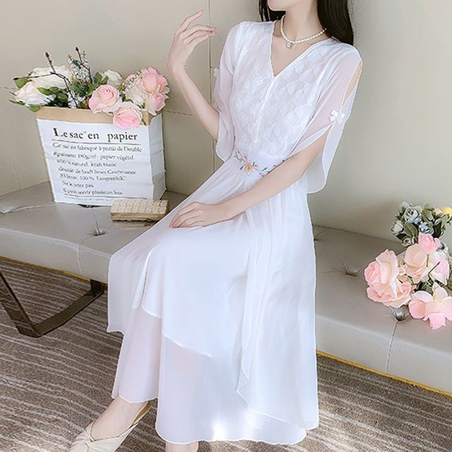 BEAUSY ElbowSleeve Chiffon Midi Dress YesStyle