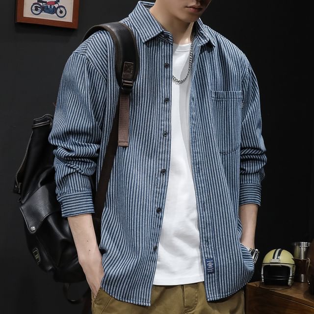 WidoWilder-Long-Sleeve Striped Button-Up Denim Shirt