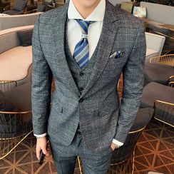 Blueforce(ブルーフォース) - Set: Plaid Single-Button Blazer + Single-Breasted Vest + Dress Pants Blueforce(ブルーフォース) - Set: Plaid Single-Button Blazer + Single-Breasted Vest + Dress Pants