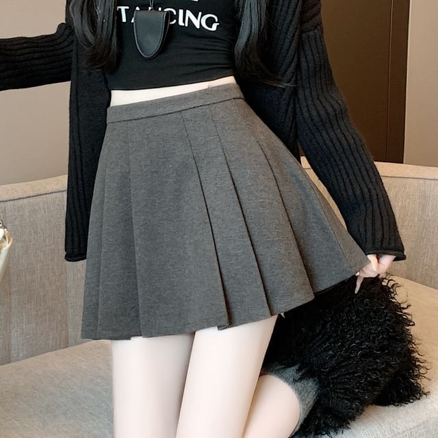 Magimomo-High Waist Plain Mini Pleated Skirt