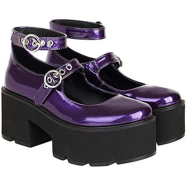 Megan - Heart Print Platform Block Heel Mary Jane Shoes