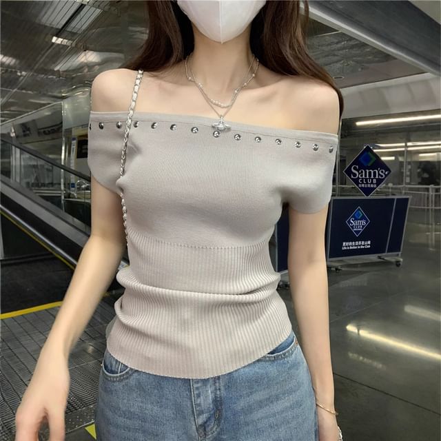 INEN-Short-Sleeve Off Shoulder Studded Knit Top