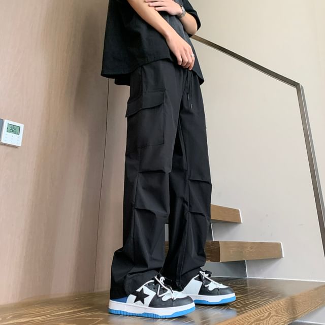 emeisa-Drawstring Waist Plain Straight Leg Cargo Parachute Pants