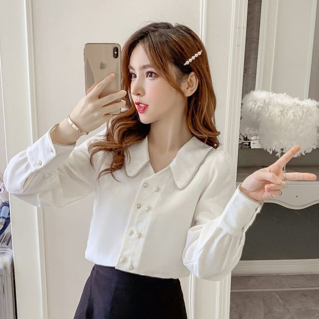 Sienne-Long-Sleeve Contrast Trim Double-Breasted Blouse
