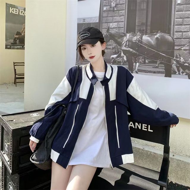 Sienne-Stand Collar Two-Tone Zip Jacket