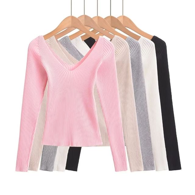 Asiris-Long Sleeve V-Neck Plain Ribbed Knit Crop Top