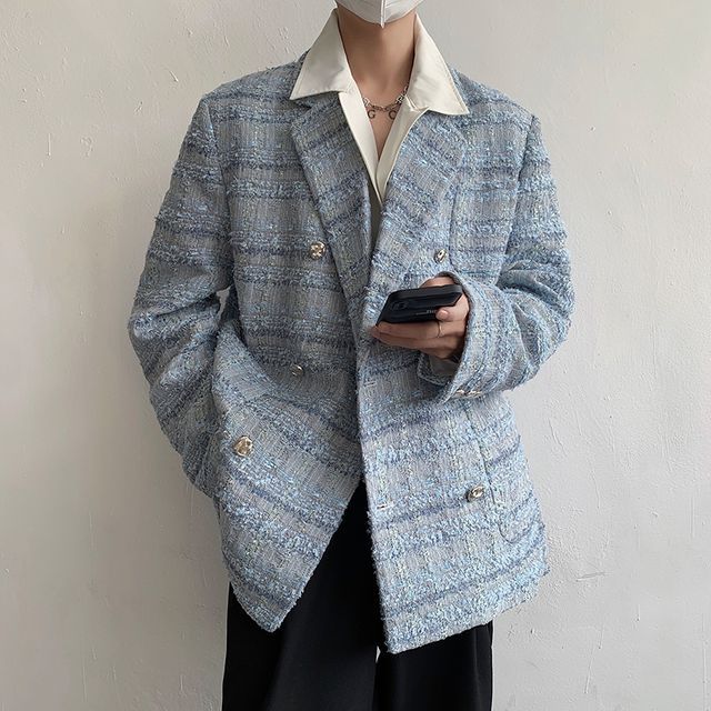 Freehop-Plaid Double-Breasted Blazer
