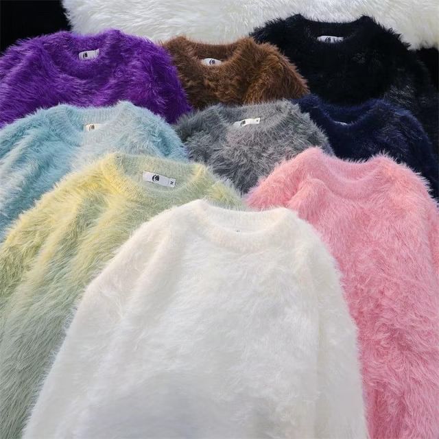 Mimiyox-Crew Neck Plain Fluffy Sweater