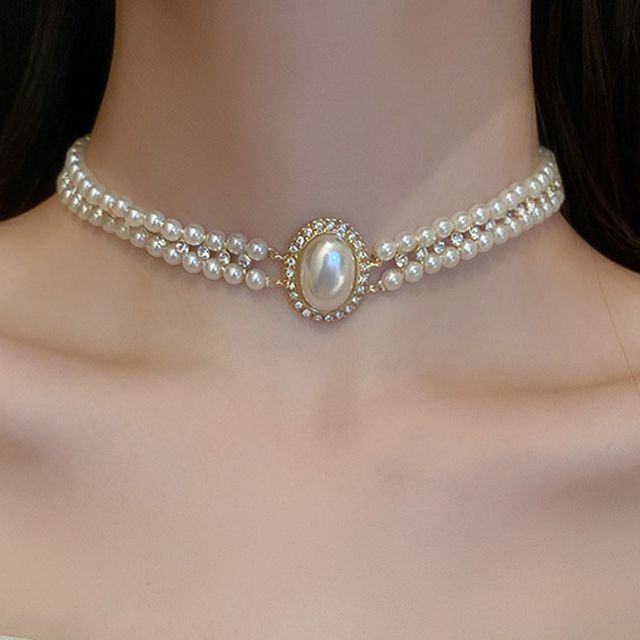 Catalunya - Faux Pearl Rhinestone Layered Choker 