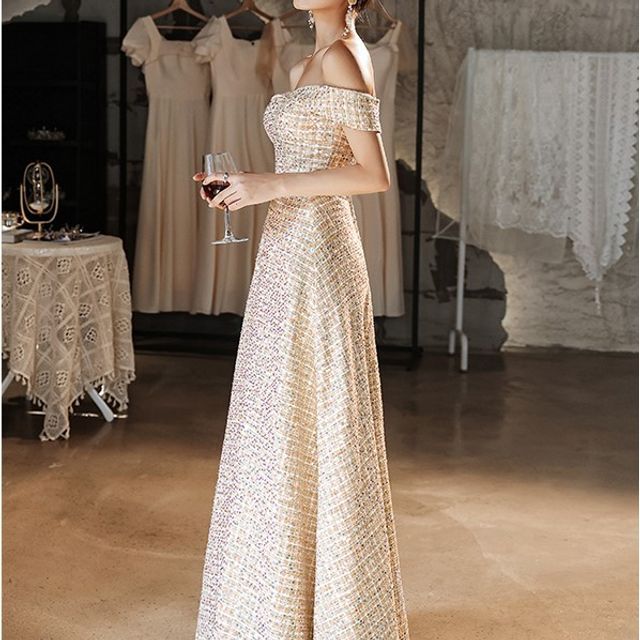 Off-Shoulder Tweed A-Line Evening Gown