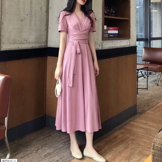 Shinobu - V-Neck Short-Sleeve Midi Dress | YesStyle