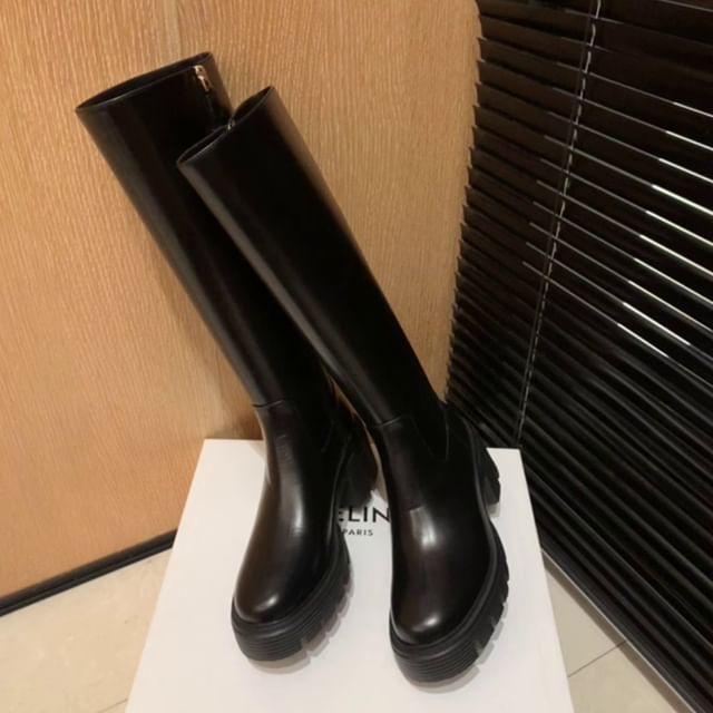 FRAISO-Platform Plain Zip-Up Genuine Leather Tall Boots